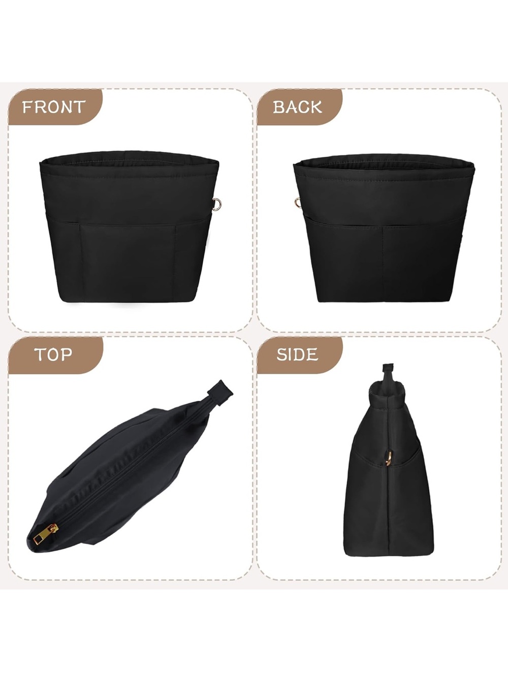 Purse Insert Organizers for Petite Tote Bag Organizer Shaper with Zipper Black - Picture 6 of 8